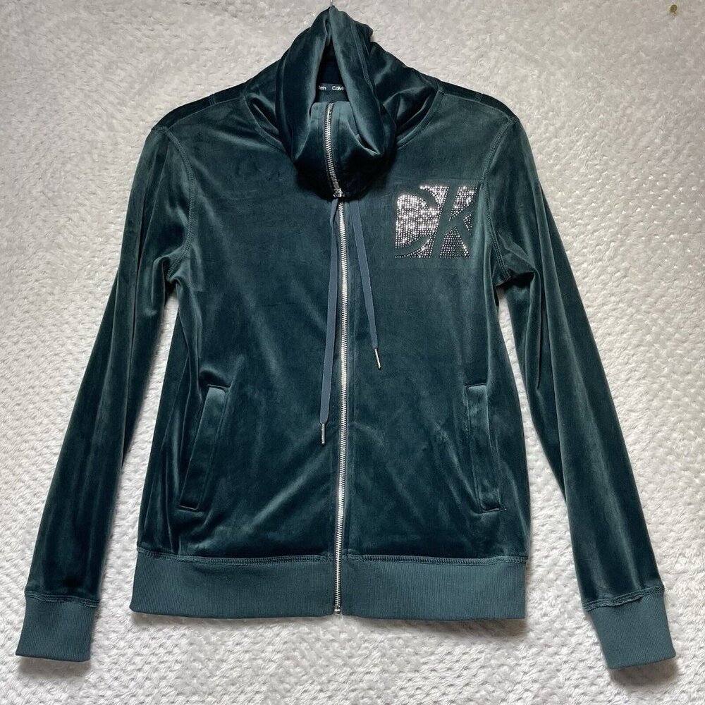 Calvin Klein Velour Zip Up Jacket Women's Size XS Green‎ Embellished  Y2K